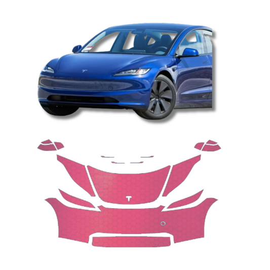 2024 Tesla Model 3 Full Bumper, Partial Hood and Fender, Mirrors and Headlights PreCut Paint Protection Film Clear Bra PPF